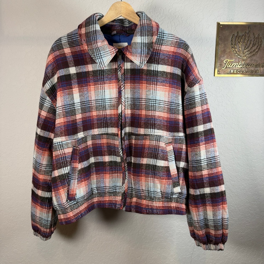 We The Free Free People Plaid Bomber Jacket Blue Orange Zip OB2421087 Womens L
